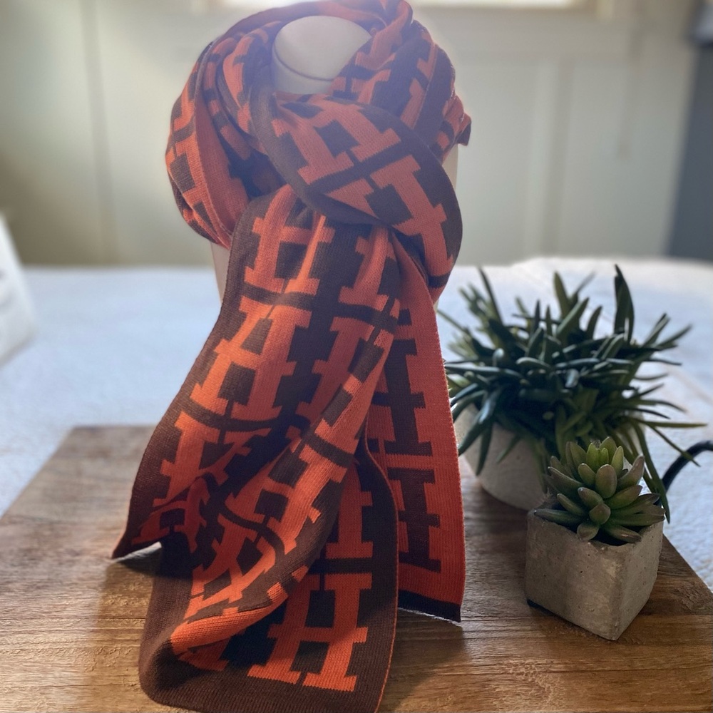 Reversible Orange & Brown Patterned Scarf - Picture 8 of 8